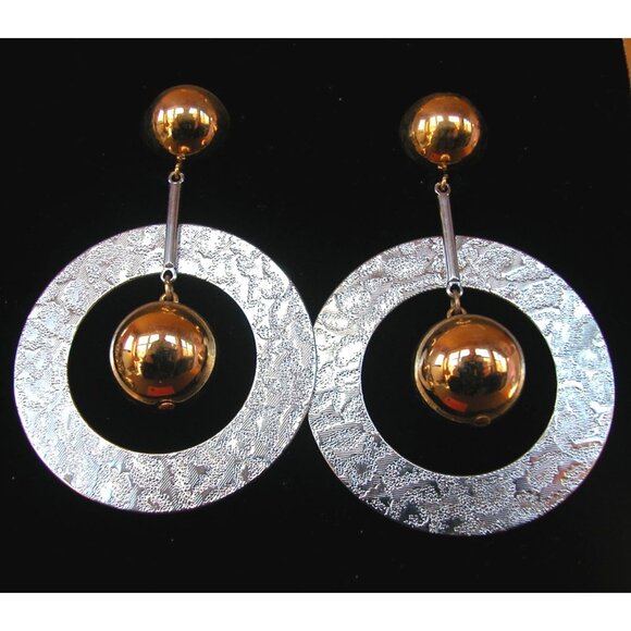 Vintage Brutalist Gold & Silver Tone Statement Necklace & Clip-On Earrings Set 1 - Picture 10 of 14